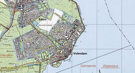<p>Topografische kaart uit 1996, waarop te zien is dat ook het laatste deel van het bedrijventerrein, ten noorden van de Dijkgraaf de Ruiterlaan, is bebouwd. (Waterlands Archief)</p>
